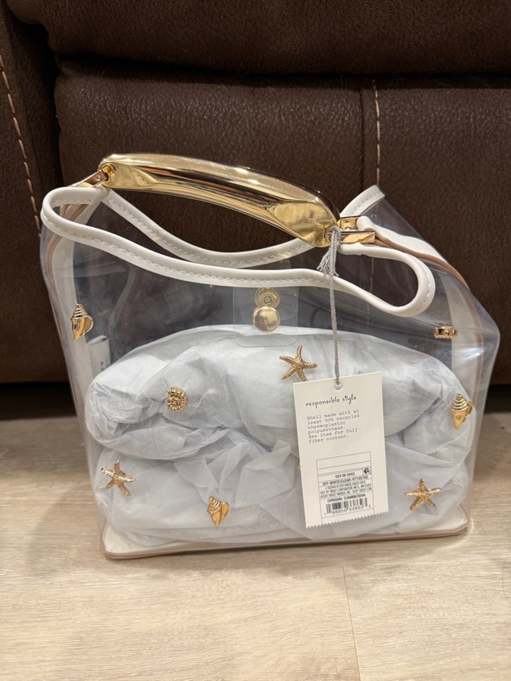 a new day Clear Tote with White Trim and Gold Shell Accents